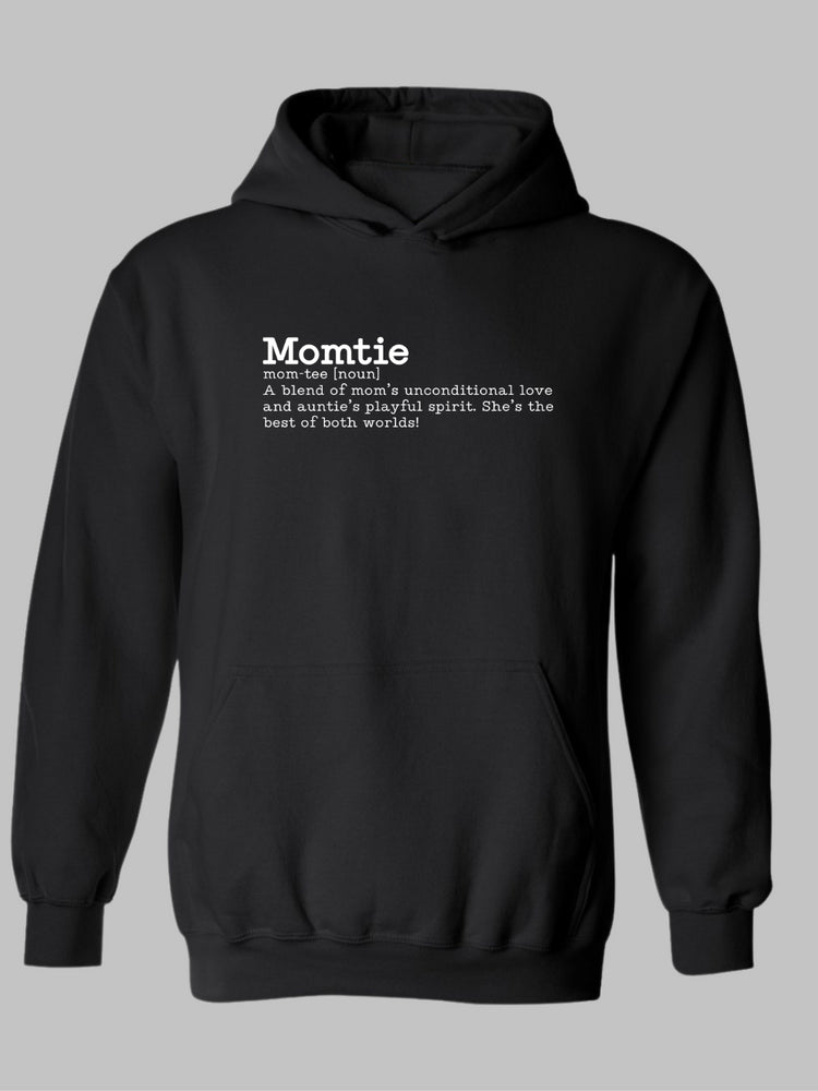 Black hoodie with the word 'Momtie' printed in bold white text. Below it is a playful definition: 'mom-tee[noun] A blend of mom’s unconditional love and auntie’s playful spirit. She’s the best of both worlds! Momtie tshirt, Momtie sweatshirt, momtie hoodie, momtee hoodie, momtee sweatshirt, momtee tshirt Momtie tshirt, Momtie sweatshirt, momtie hoodie, momtee hoodie, momtee sweatshirt, momtee tshirt 