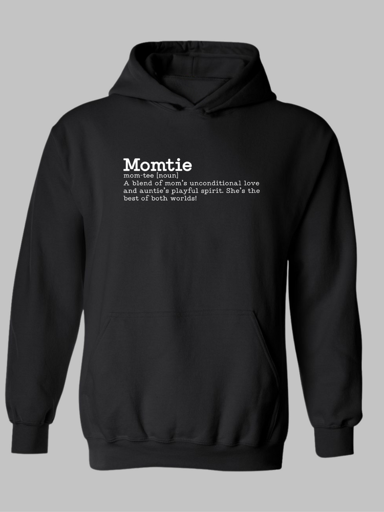 Black sweatshirt with the word 'Momtie' printed in bold white text. Momtie tshirt, Momtie sweatshirt, momtie hoodie, momtee hoodie, momtee sweatshirt, momtee tshirt 