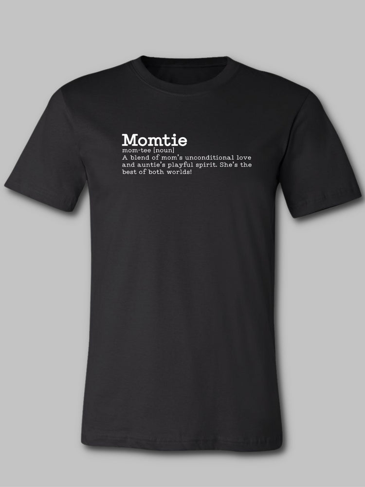 Black crewneck t-shirt with the word 'Momtie' printed in bold white text. Below it is a playful definition: 'mom-tee [noun] A blend of mom’s unconditional love and auntie’s playful spirit. She’s the best of both worlds! Momtie tshirt, Momtie sweatshirt, momtie hoodie, momtee hoodie, momtee sweatshirt, momtee tshirt 