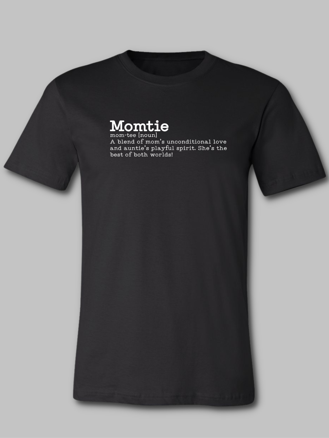 Black sweatshirt with the word 'Momtie' printed in bold white text. Momtie tshirt, Momtie sweatshirt, momtie hoodie, momtee hoodie, momtee sweatshirt, momtee tshirt 