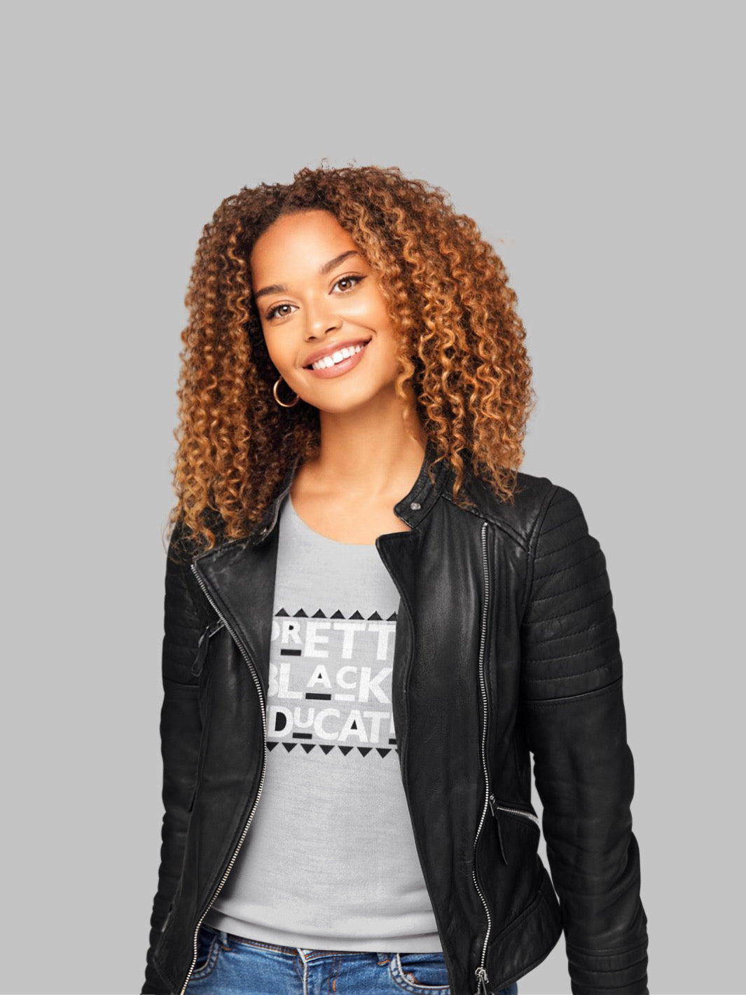  t-shirt in heather gray  featuring the phrase 'Pretty, Black, and Educated' in bold BLACK AND WHITE  lettering across the front. The font is Bold letters, emphasizing a message of empowerment and pride.